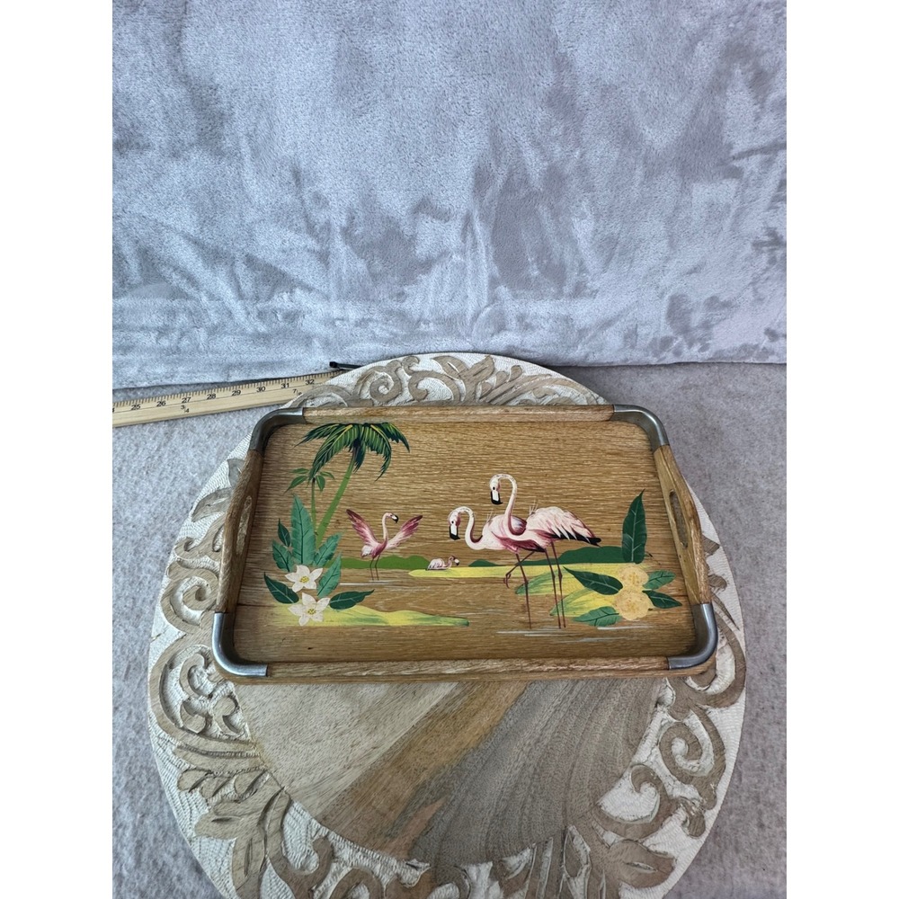 Vintage Miami Beach Florida Wood Flamingo Tray Tropical Mid Century Retro